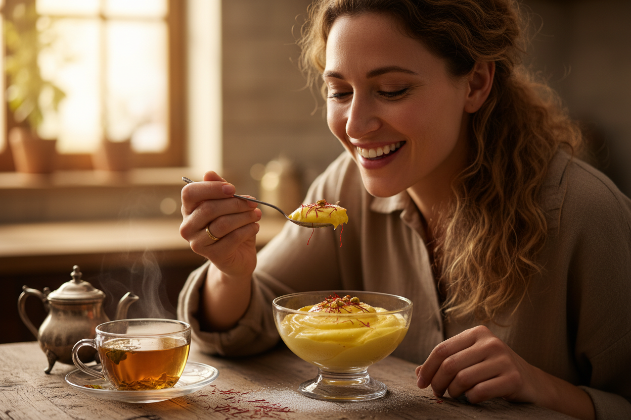 a happy woman eating a dessert delicious dessert which has saffron as an ingredient