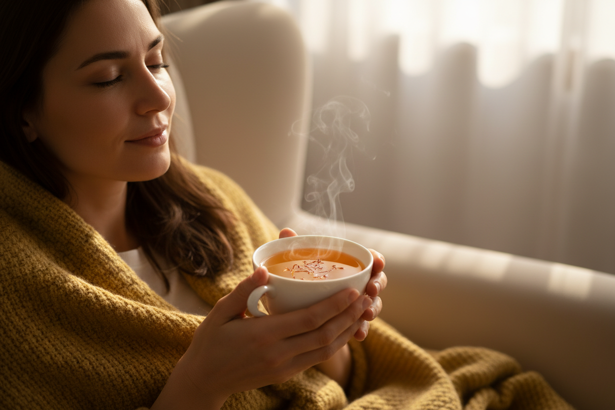 a woman drinking saffron hot saffron tea that's so relaxing and calming 